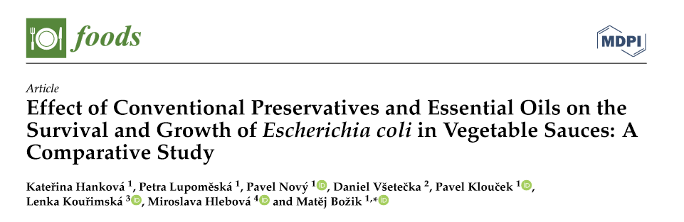 Effect of Conventional Preservatives and Essential Oils on the Survival and Growth of Escherichia coli in Vegetable Sauces