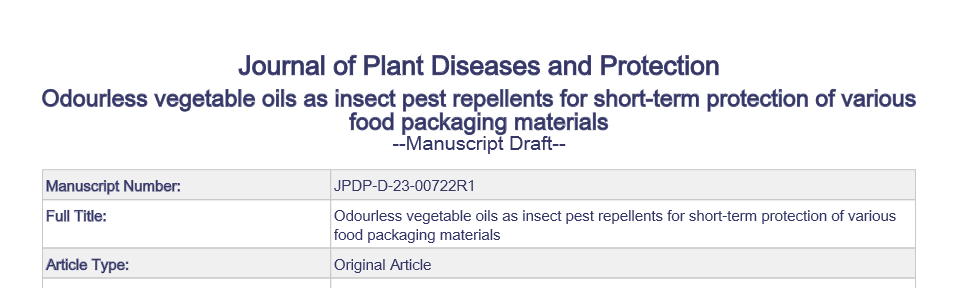 Odourless vegetable oils as insect pest repellents for short-term protection of various food packaging materials